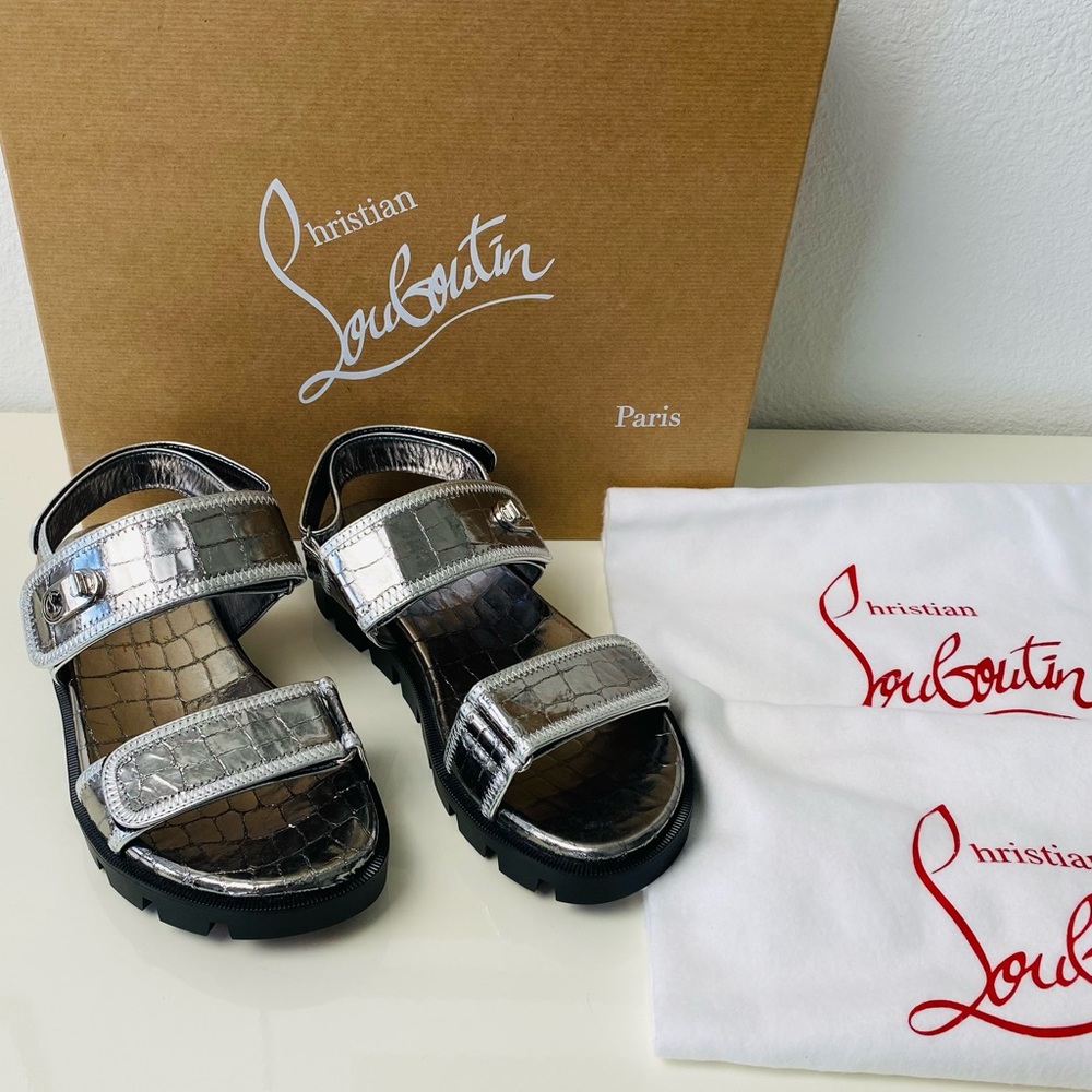 Christian Louboutin Lock Cool Croc Embossed Silver Double Strap Dad Sandal